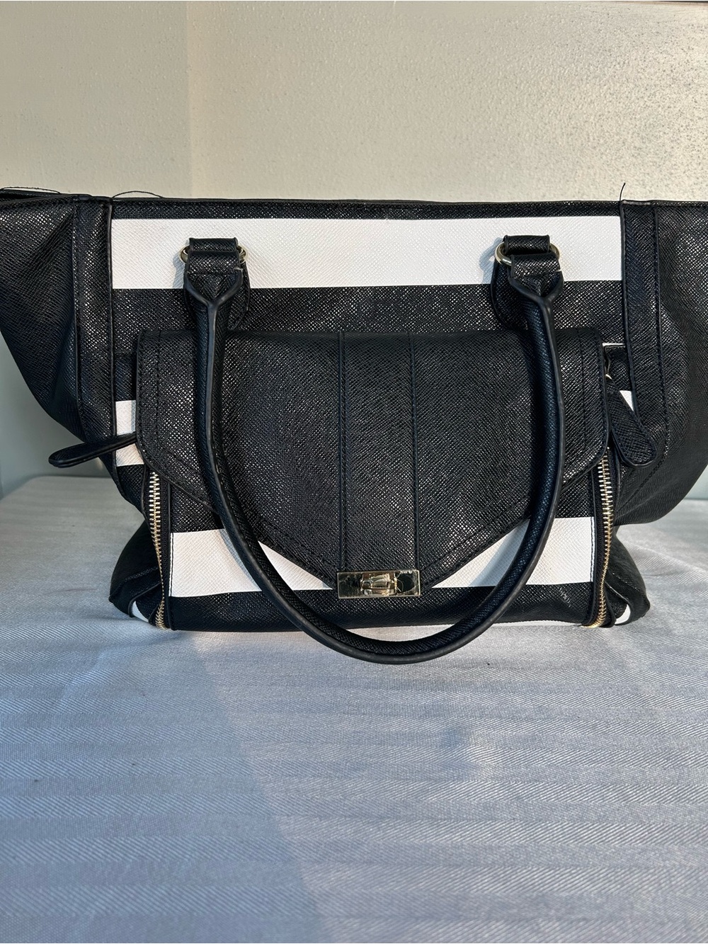 Black and White Structured Stripe Tote Shoulder Bag